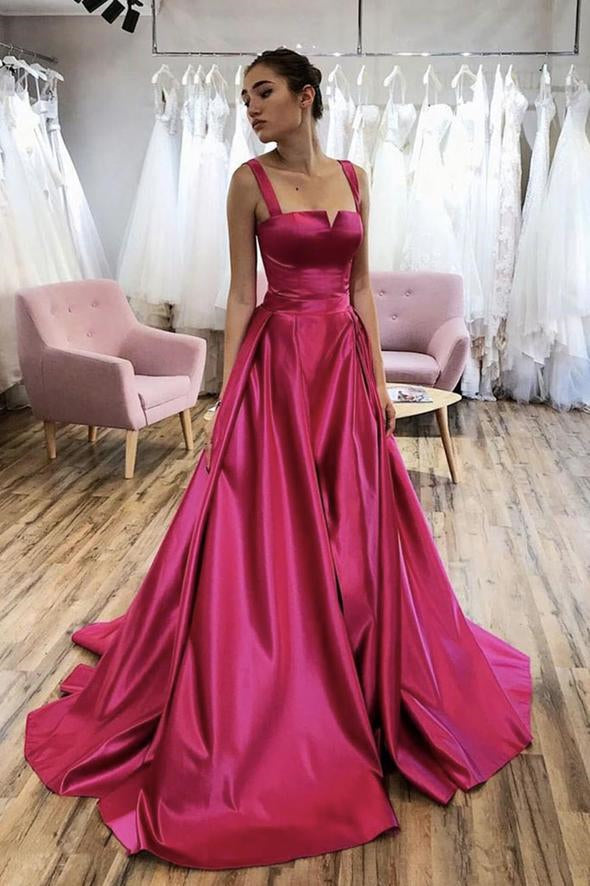Unique Fuchsia Satin Long Prom Dresses ...
